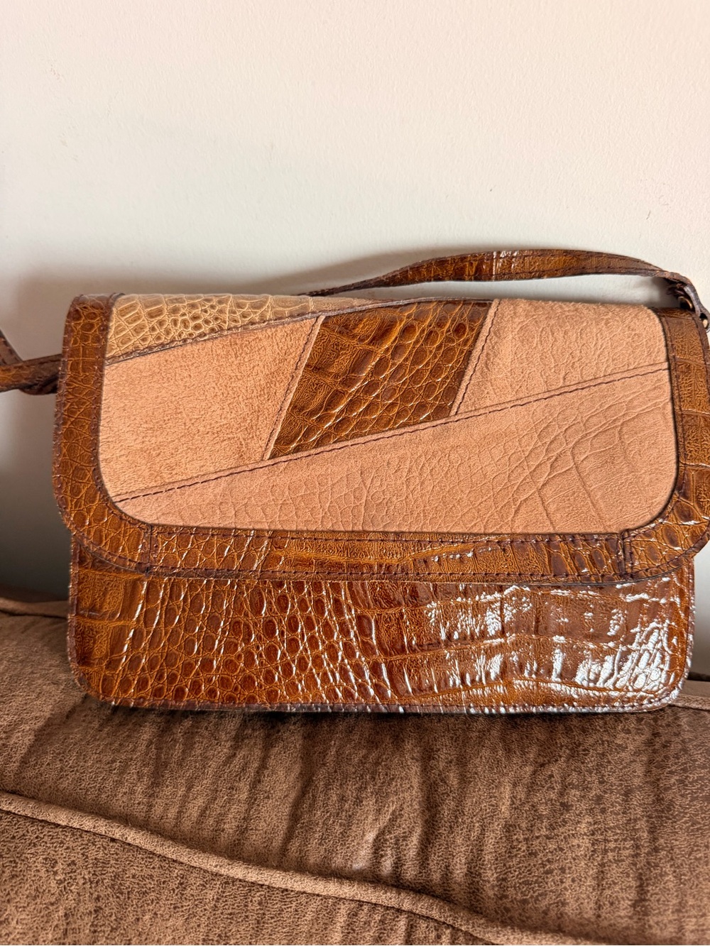 Genuine Elephant and crocodile ,Women's Tan Croc-Embossed Leather Shoulder